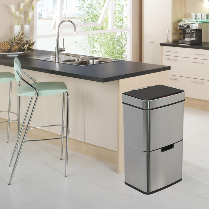 NARVIK Automatic Kitchen Bin Double Compartment 75l Edelstahl Recycling grosse Kapazität und 3l Tabe