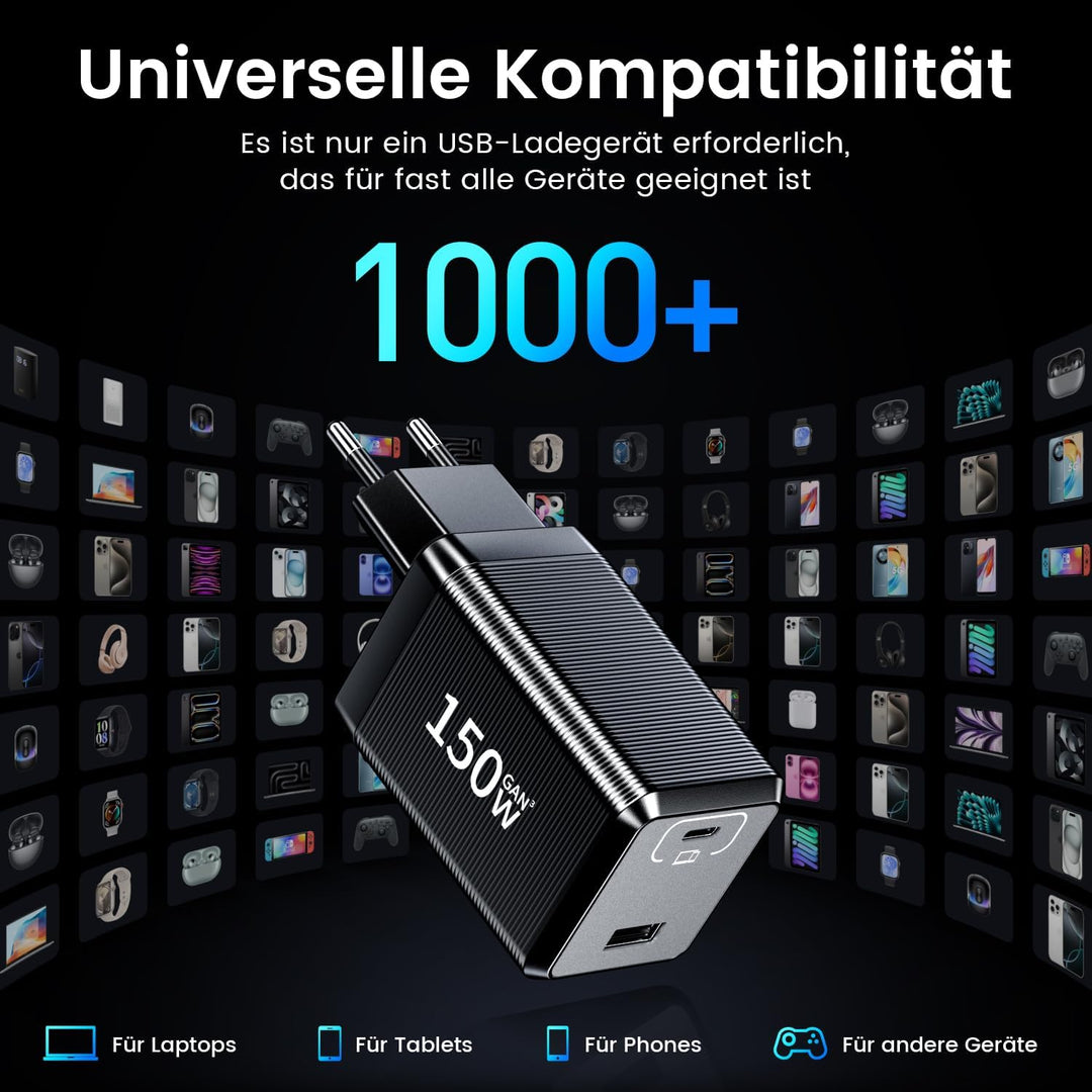150W USB C Ladegerät, 2-Port Schnellladegerät PD Fast Charger, USB C Stecker kompatibel mit MacBook