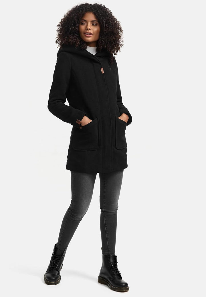 MARIKOO Damen Mantel in Wolloptik Warmer Trenchcoat mit Kapuze Maikoo XS-5XL S Schwarz, S Schwarz