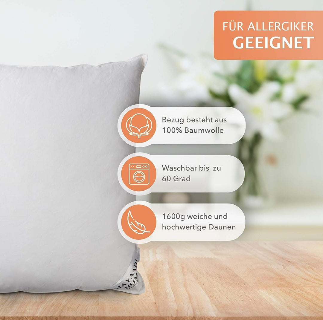 Mayaadi Home Kopfkissen 80x80 cm | 2000g Füllung, 70% Daunen 30% Federn | 100% Natur Bezug aus Baumw