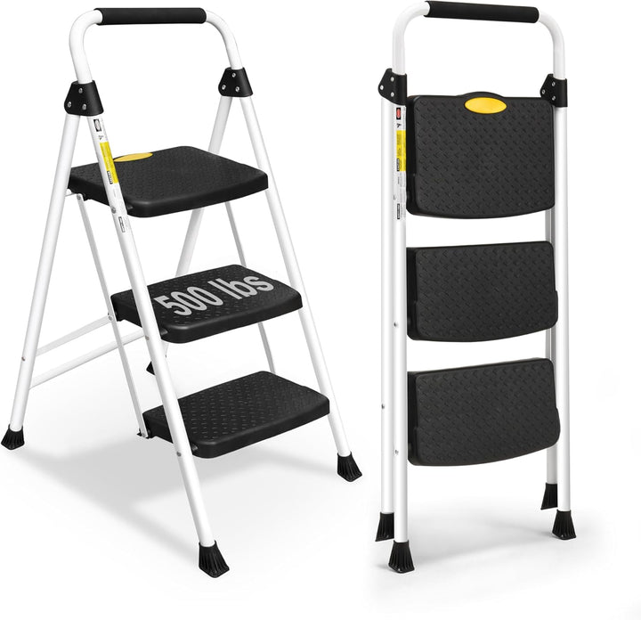 HBTower Leiter 3 Stufen, Klappstufen mit Breitem Anti-Rutsch-Pedal, Stabiler Praktischer Handgriff,