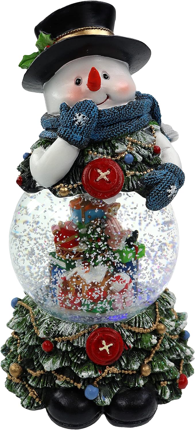 Schneekugel/Spieluhr 100mm, Schneemann und geschmückter Tannenbaum, Licht, Schneeantrieb, 23cm