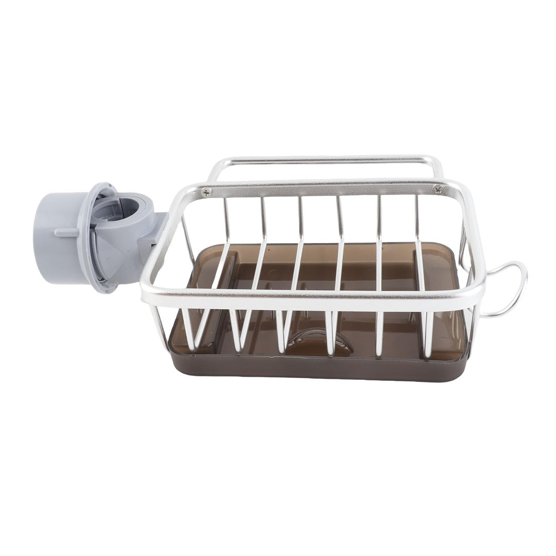 Küchenarmatur-Schwammhalter, Waschbecken-Wasserhahn-Caddy-Organizer mit Abtropfschale für Spülmittel