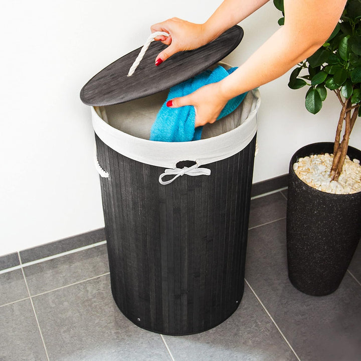 Relaxdays 1 x Wäschekorb Bambus, Faltbare Wäschetonne mit Deckel, Volumen 70 Liter, Wäschesack Baumw