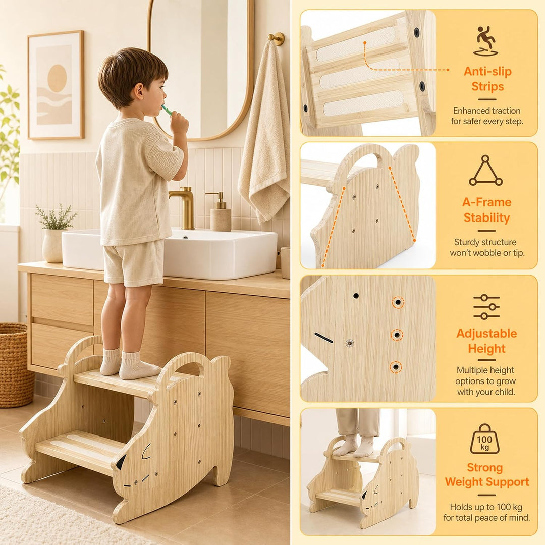Tritthocker Kinder Holz 2 Stufen, Hocker Kinder, 150kg Tragkraft | Anti-Rutsch Kinderhocker mit Grif
