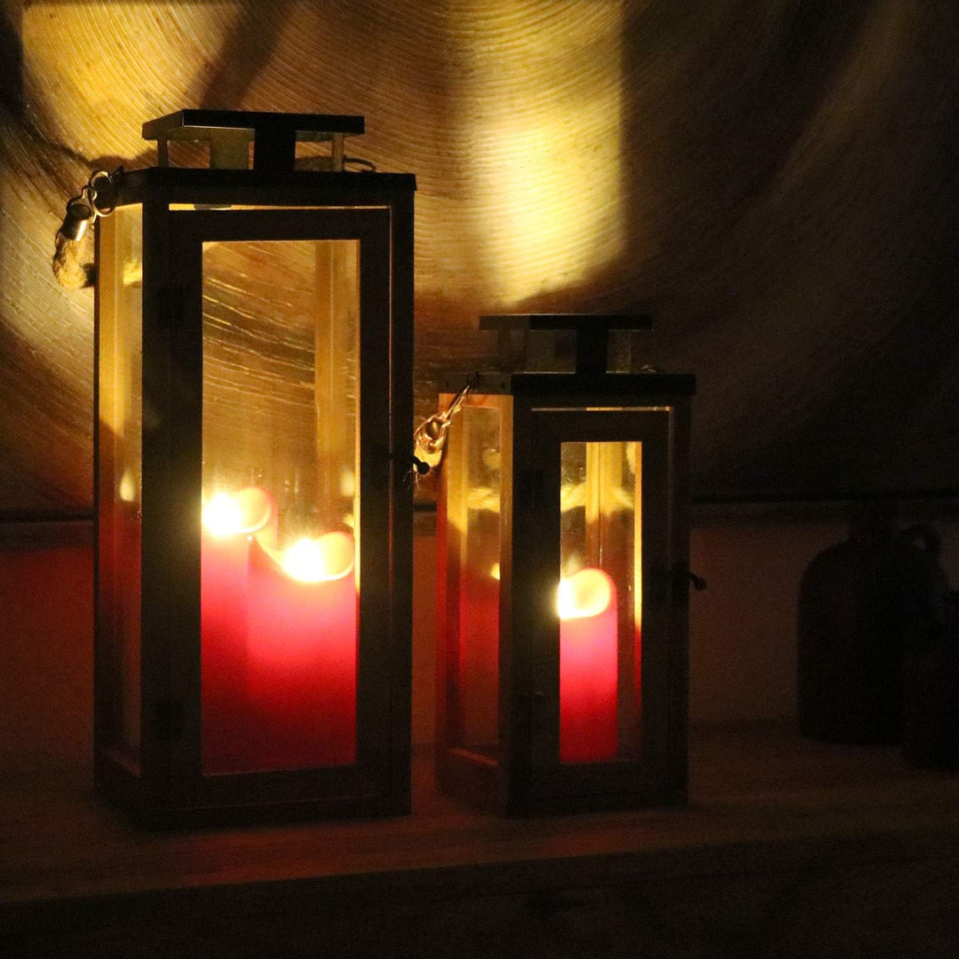 Dekovita 42cm Holz-Laterne - Gartenlaterne mit Glas-Scheiben und Kordel-Henkel - Windlicht Deko-Late