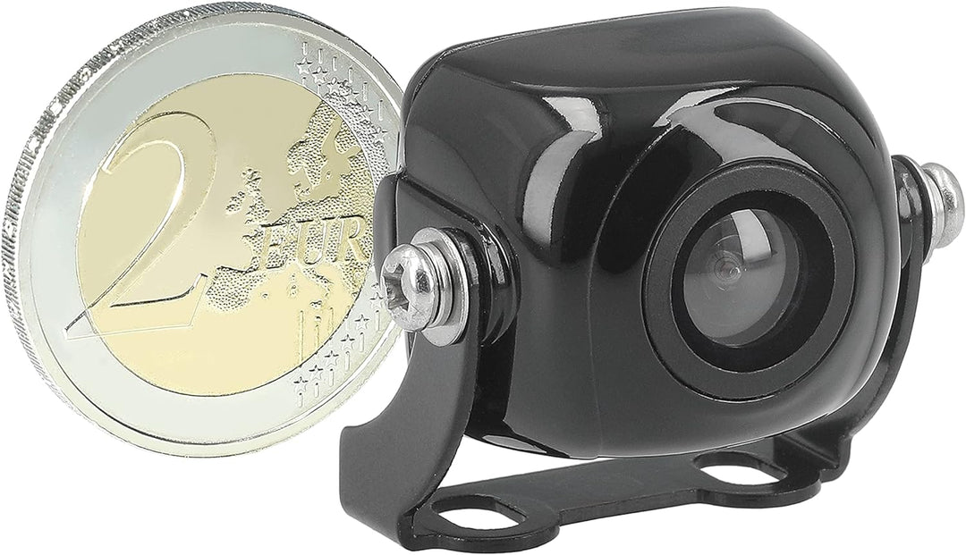 VSG24 23141 – Mini Rückfahrkamera, Kleine Kamera inkl. Verlängerungskabel, Distanzlinien-Anzeige, Fl