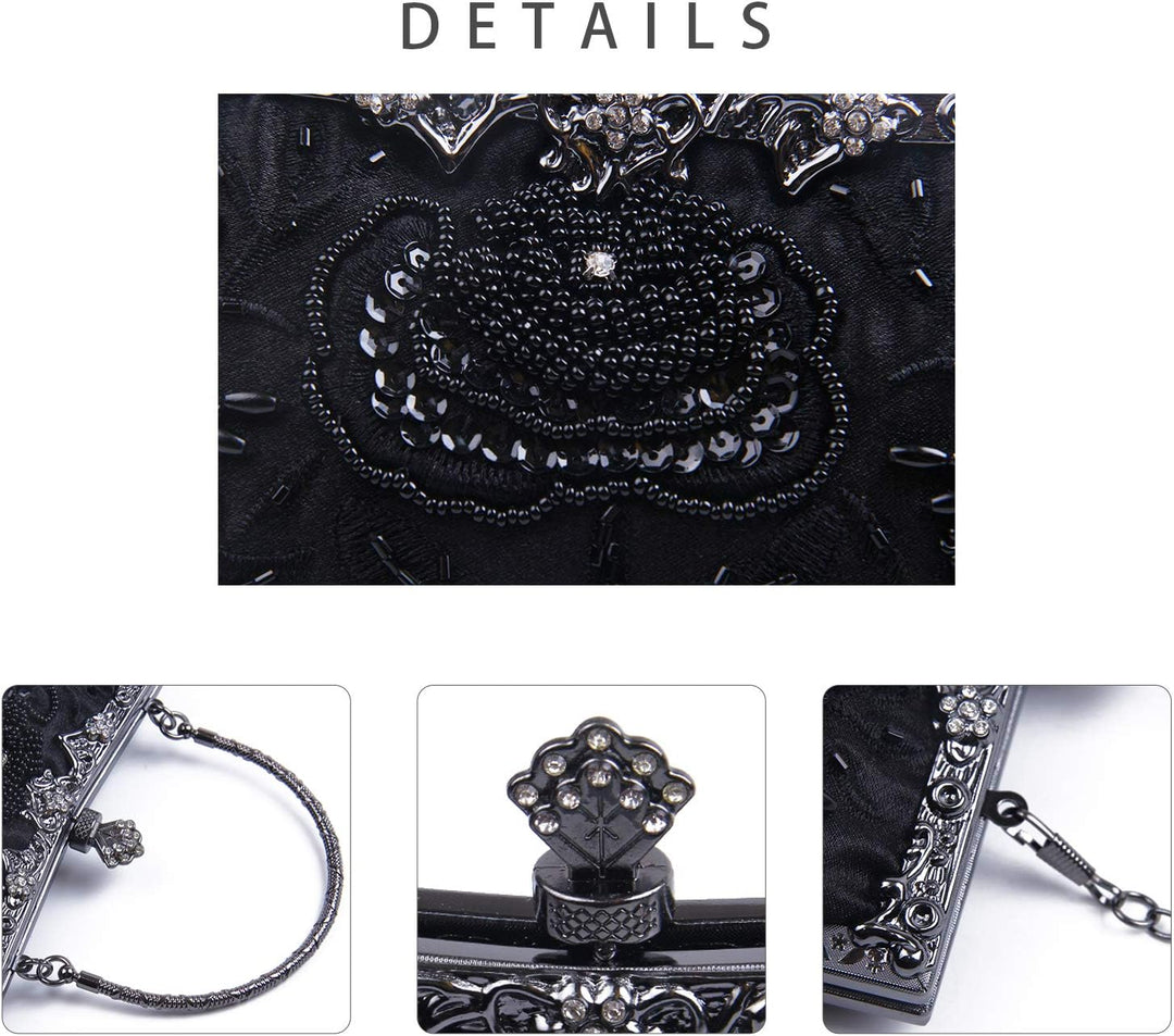 Damen Vintage Floral handgemachte Seed Bead Pailletten Clutch Geldbörse Hochzeit Abendtasche Party P
