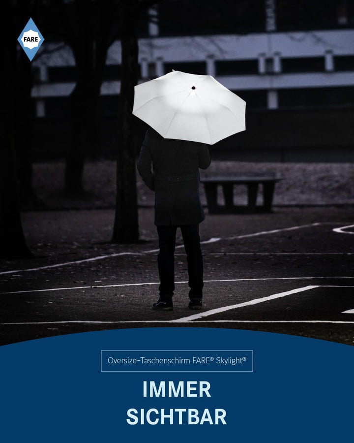 FARE Oversize-Taschenschirm Skylight (weiss) - Effektvoller Regenschirm mit LED-Innenbeleuchtung und