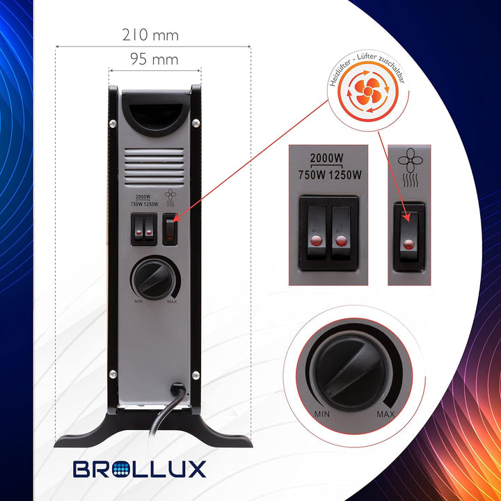 Brollux Elektroheizung 2000W mit Lüfter LUX8B mobiles Heizgerät Elektroheizkörper Konvektor Elektris