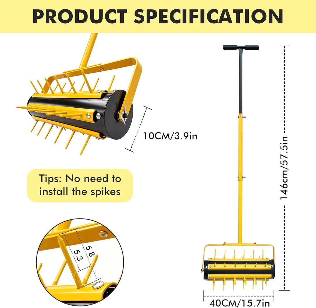 LIROPAU Rasenlüfter Walze, Rasenbelüfter Manuell, Handvertikutierer Rollend mit 36 Nägeln 5.8cm & T-
