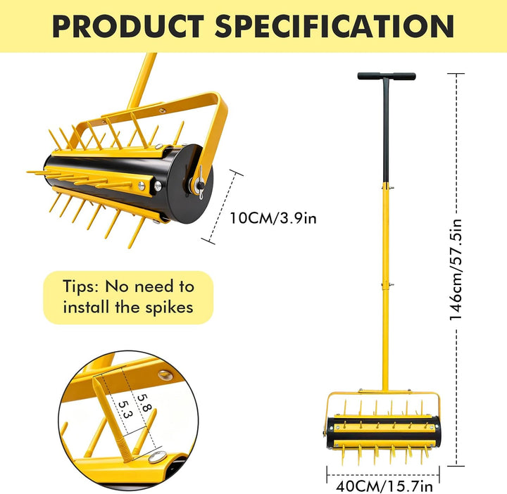 LIROPAU Rasenlüfter Walze, Rasenbelüfter Manuell, Handvertikutierer Rollend mit 36 Nägeln 5.8cm & T-