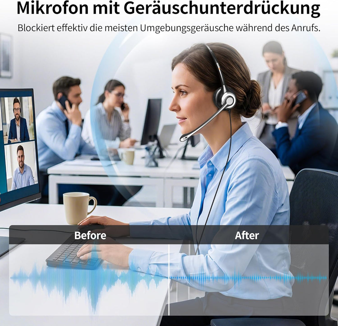 Wantek 602F Headsets mit Kabel Noise Cancelling Mikrofon USB 3,5mm Stecker und Typ-C Adapter für Com