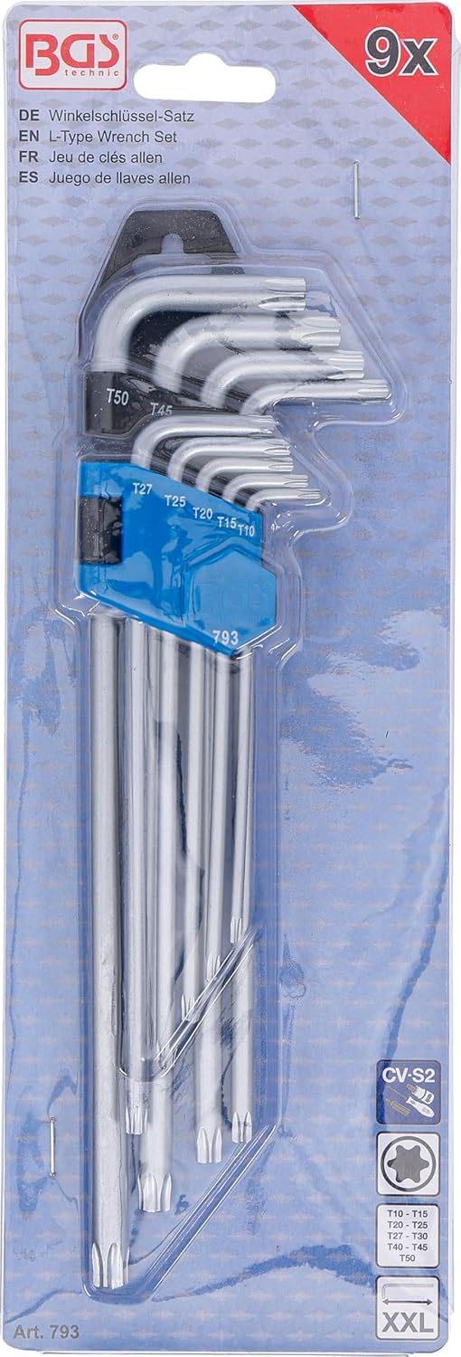 BGS 793 | Winkelschlüssel-Satz | 9-tlg. | extra lang | T-Profil (für Torx) T10 - T50 | inkl. Klappha