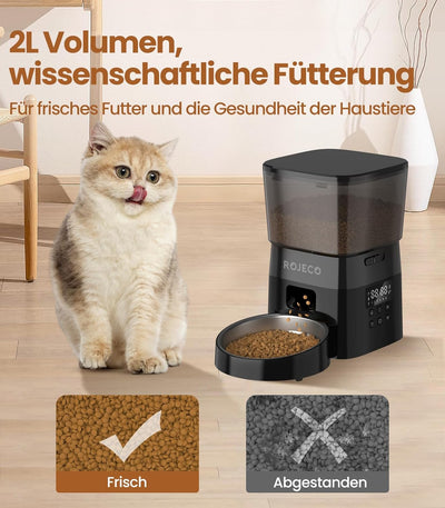 Futterautomat für Katzen, ROJECO Katzenfutter Automat Duale Stromversorgung, Katzen Futterautomaten,