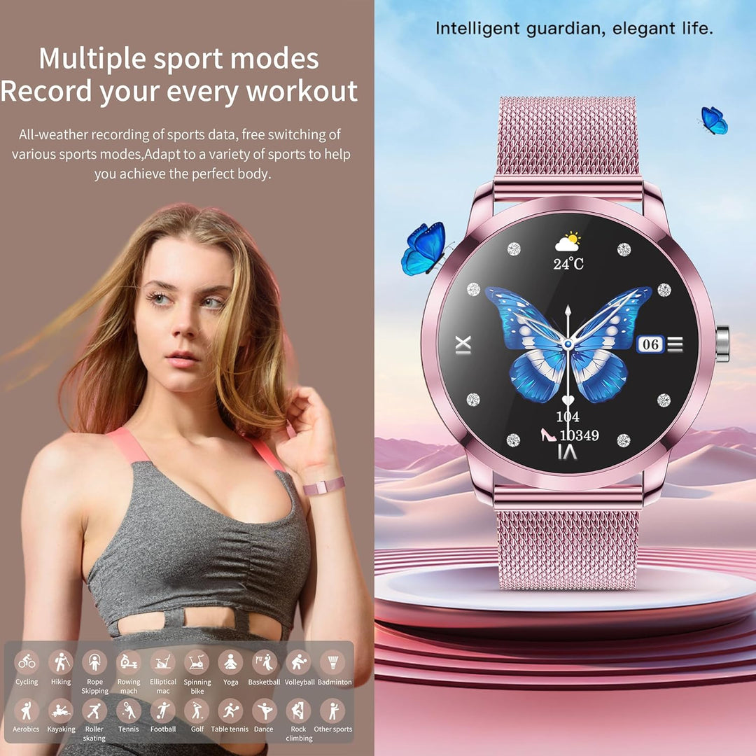 Smartwatch Damen mit Telefonfunktion, 1,09” Fitnessuhr mit 123 Sportmodi, Pulsmesser, Schlafmonitor,