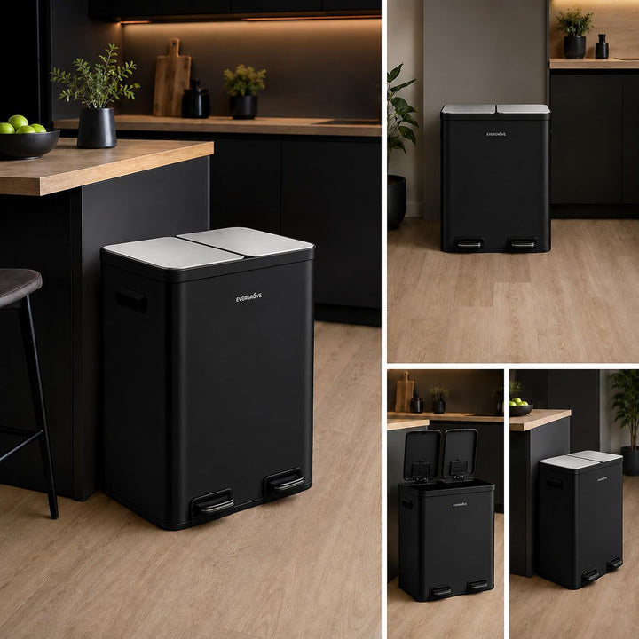 EverGrove 60L Mülltrennsystem, 2x30L, Edelstahl-Deckel, Matte Black | 2 x 30-L-Fächer,Soft-Close-Dec