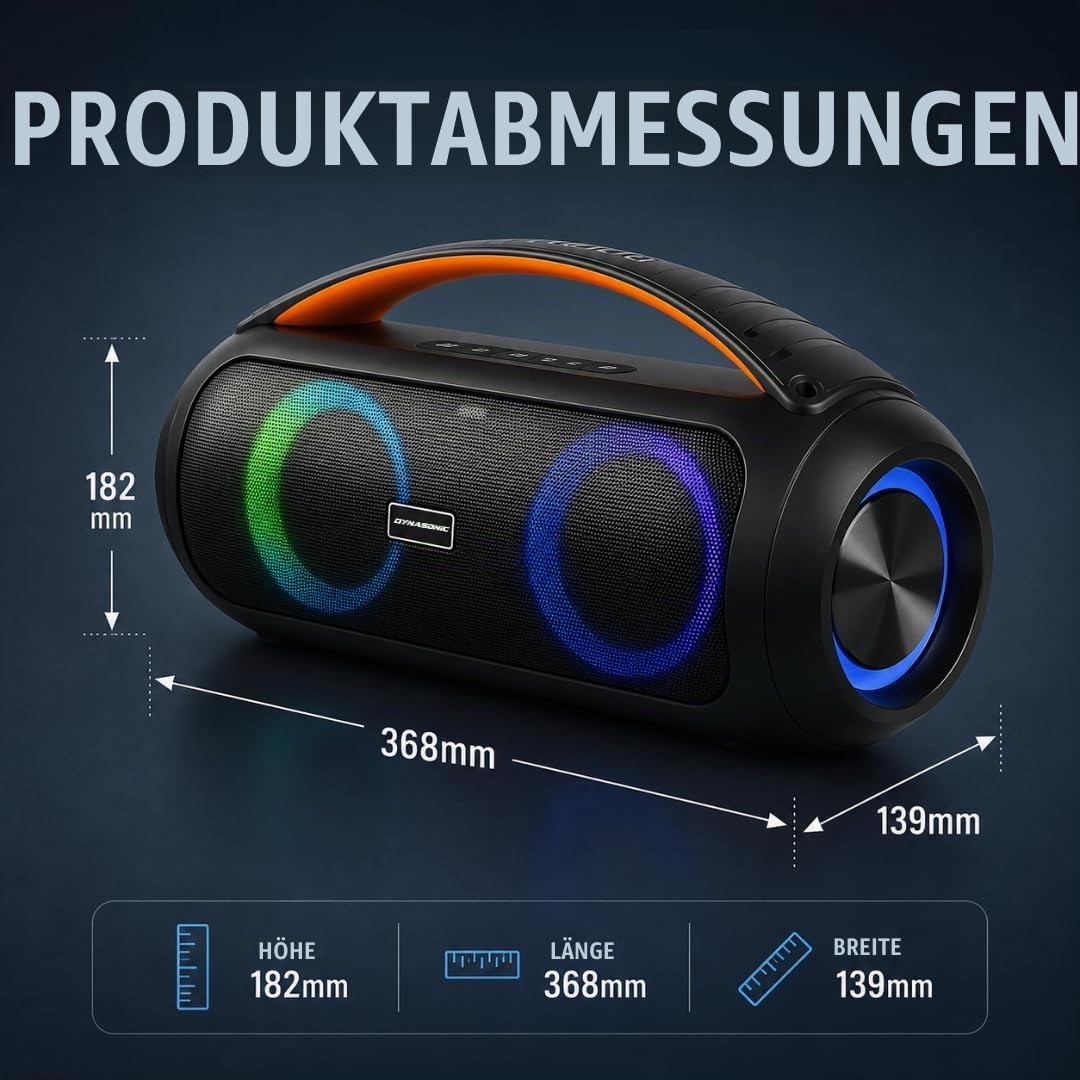 DYNASONIC D93 Tragbarer Bluetooth Lautsprecher IPX7. Kabelloser Outdoor-Lautsprecher. Stereoanlage.