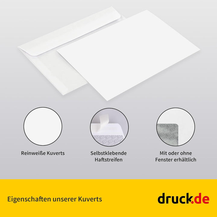1000 Stück C6 Weisse Briefumschläge ohne Fenster, selbstklebender Haftfix Verschluss, Papierumschläg