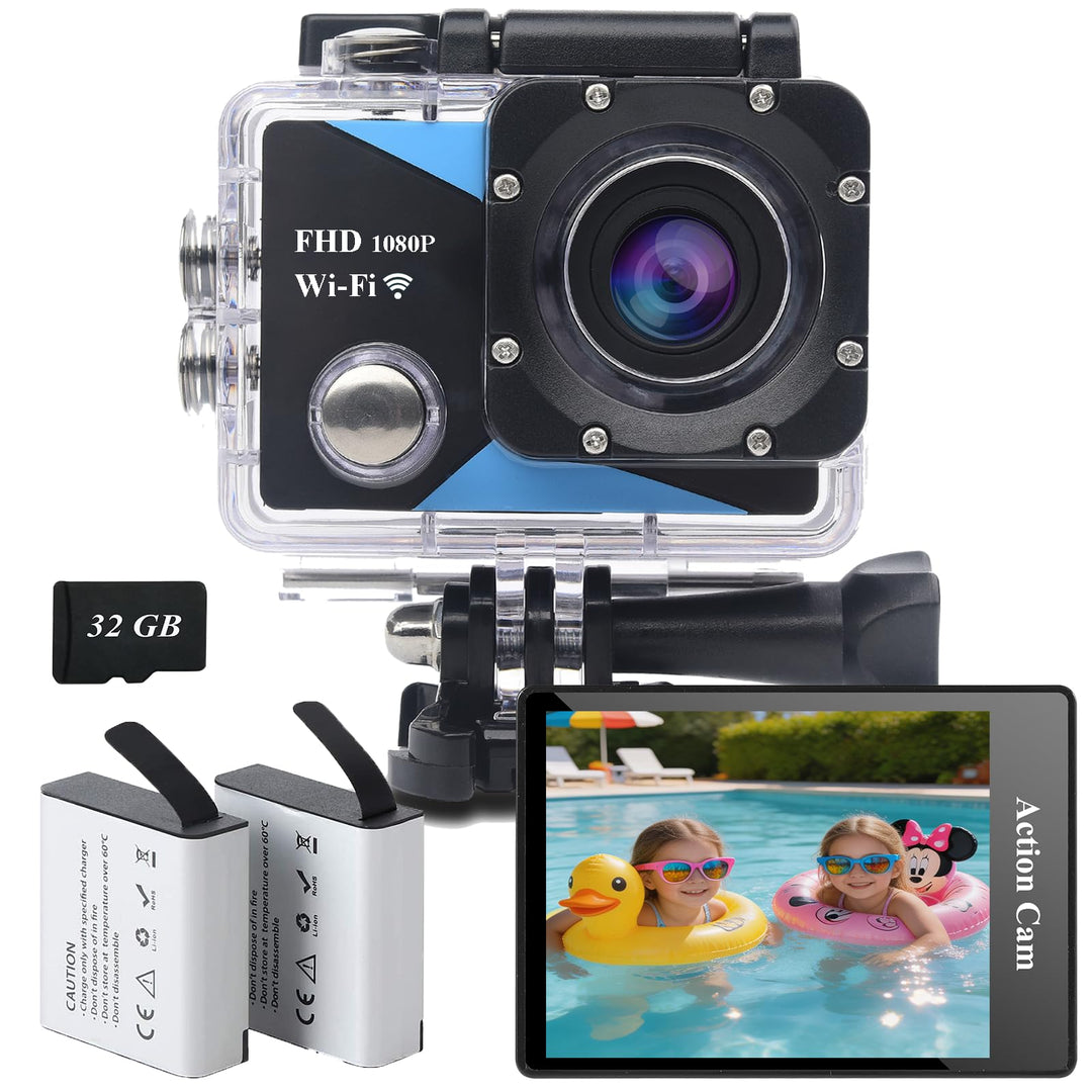 WiFi Action Cam FHD 1080P mit 32GB Speicherkarte, Actionkamera wasserdicht bis 30M, Action Camera mi
