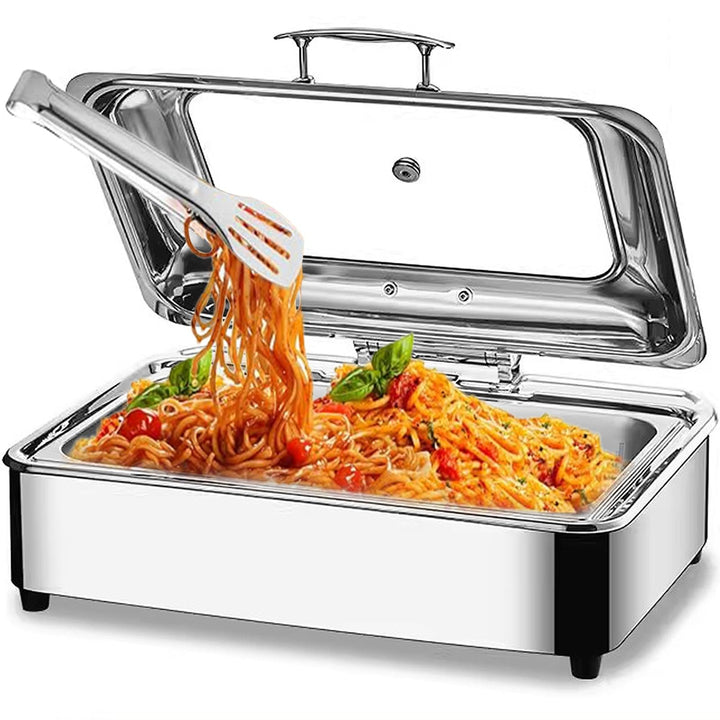 Chafing Dish Elektrisch, 9L Edelstahl Speisenwärmer Buffetwärmer mit Sichtbarem Glasdeckel, Kommerzi
