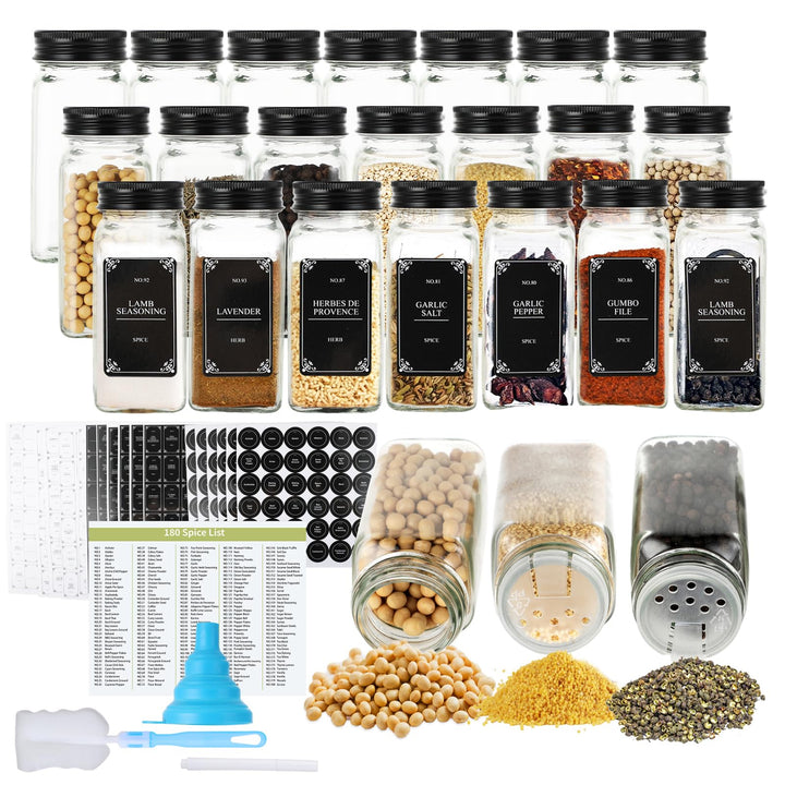 Gewürzgläser Set 24er – 120ml eckige Glas-Gewürzgläser mit Streuaufsatz – 4oz luftdicht mit Aluminiu