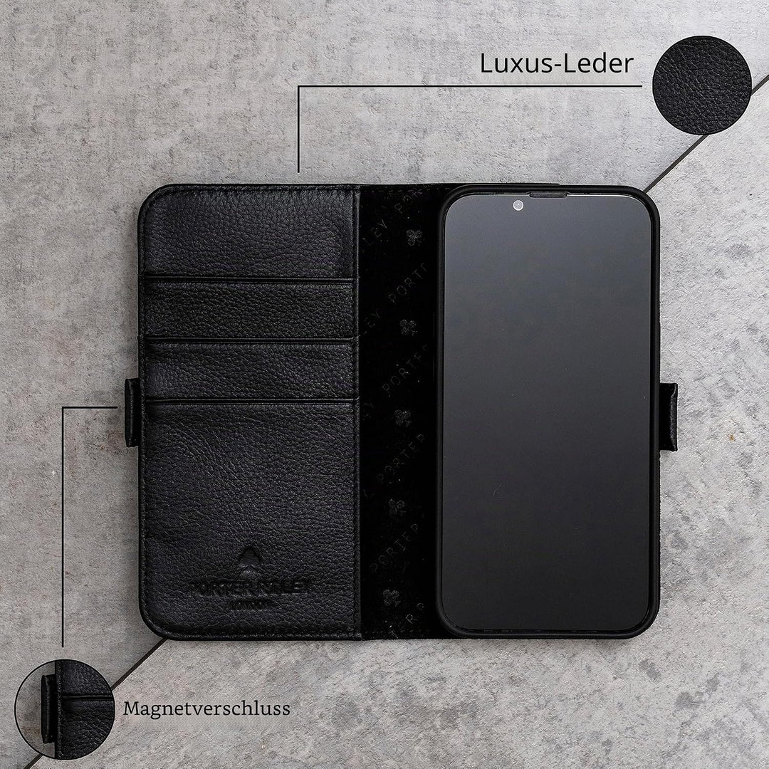 Porter Riley - Lederhülle kompatibel mit iPhone 15 Pro. Premium Echtleder Standhülle/Ledertasche/Bri