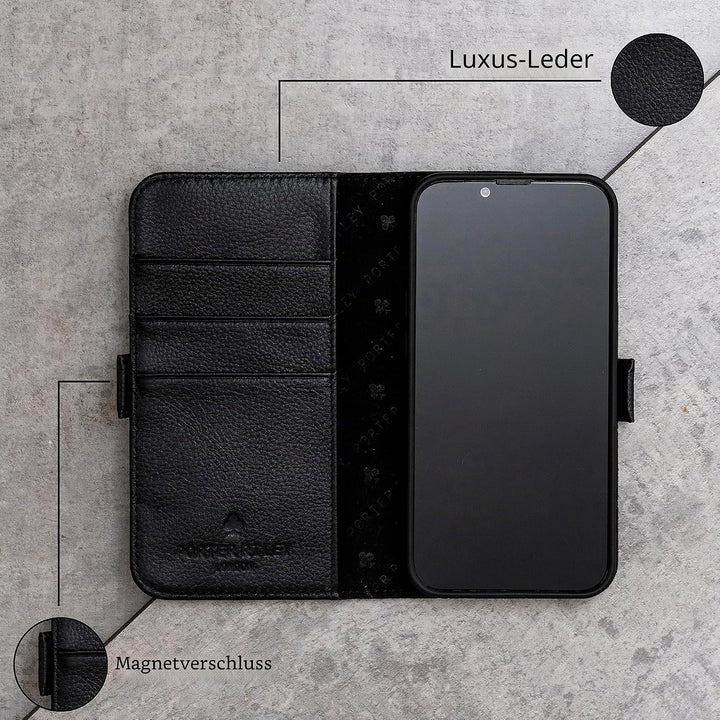 Porter Riley - Lederhülle kompatibel mit iPhone 15 Pro. Premium Echtleder Standhülle/Ledertasche/Bri