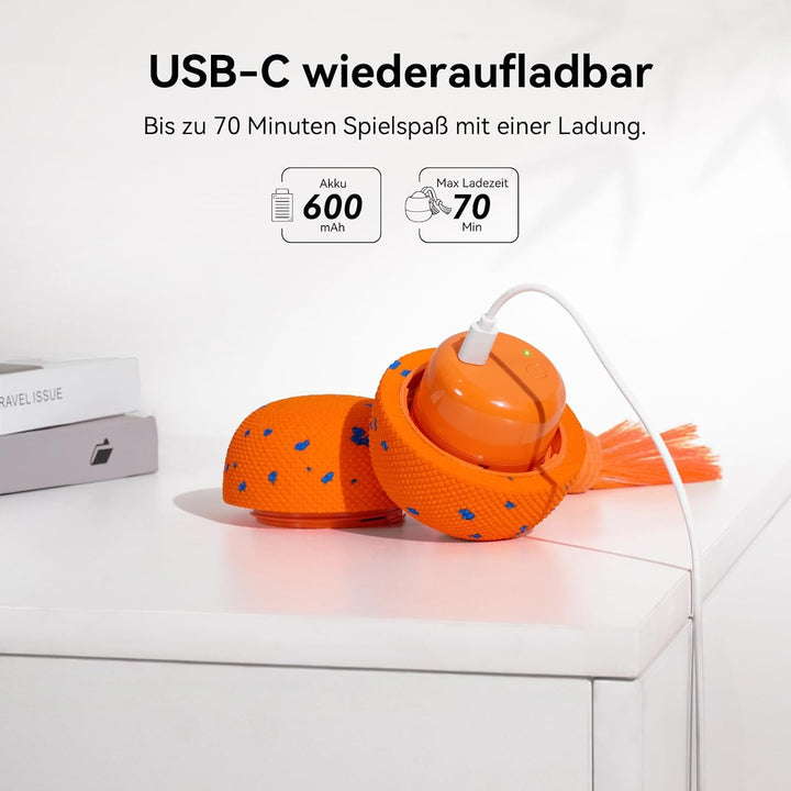 Cheerble Wicked Ball Rolly, interaktiver Hundeball mit Seil &amp; Bellen Orange | Selbstrollendes Hundes