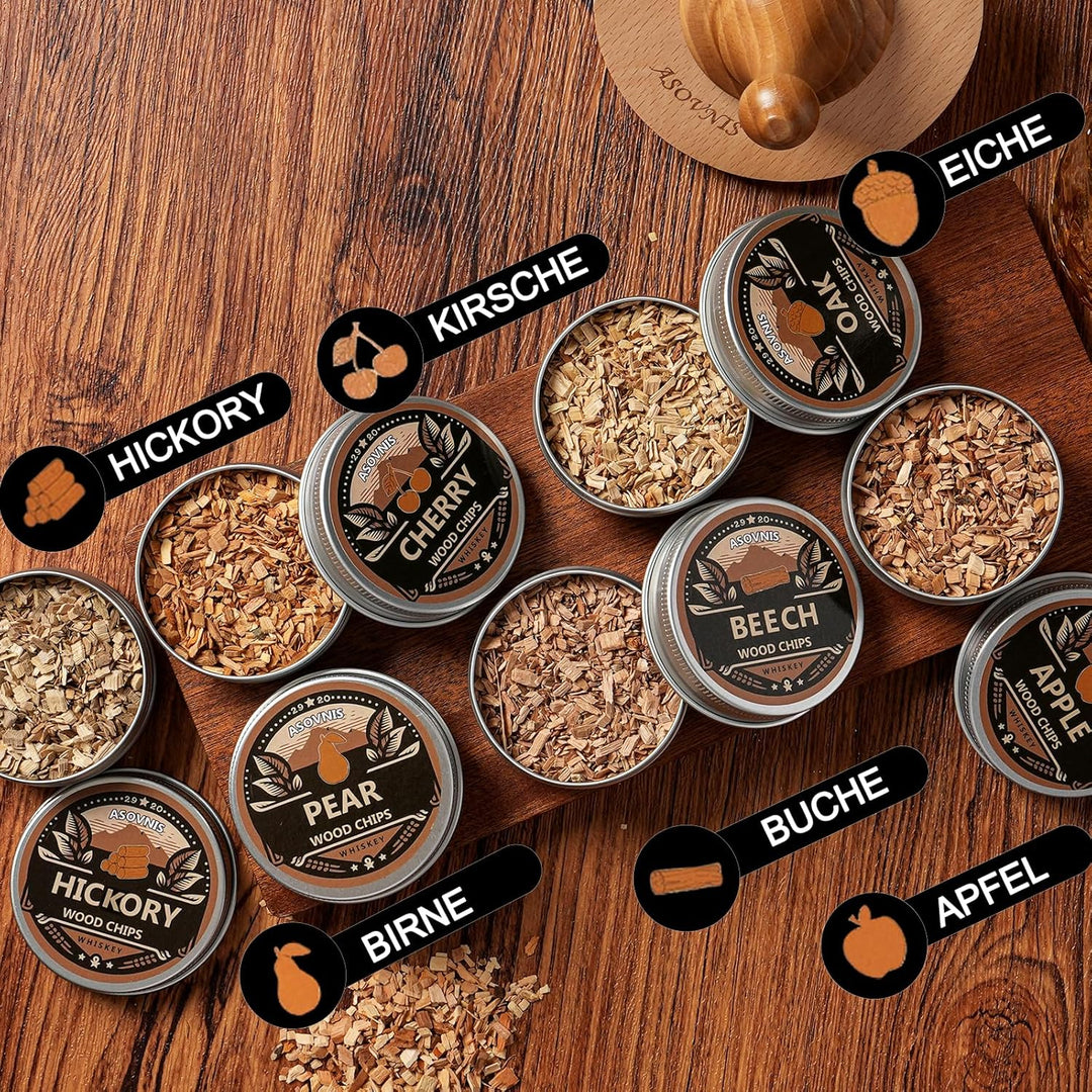 Whisky-Räucherset mit Fackel-6 Geschmacksrichtungen, Holzspäne, 2 Gläser, 6 Whiskysteine, Cocktail-R