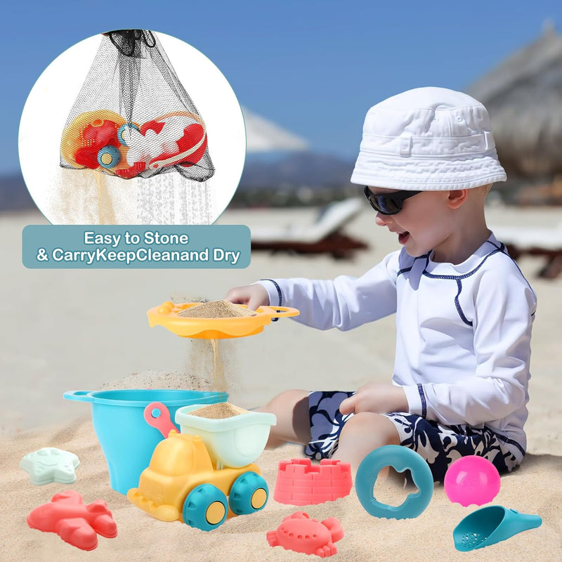 deAO Sandspielzeug Set, 18 Teilig Strandspielzeug Enthält Wasserrad, Strandbuggy, Eimer, Netzbeutel,