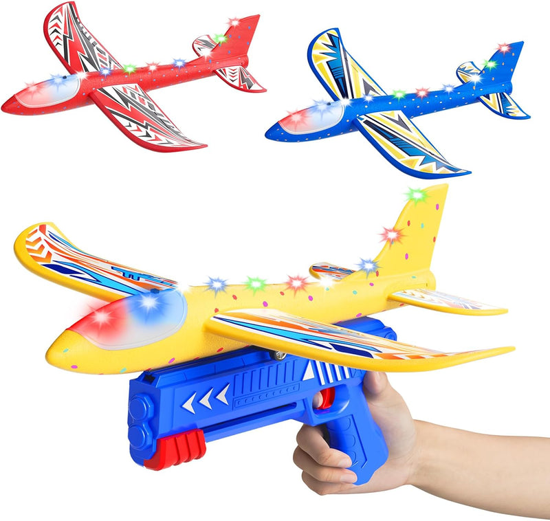 Doloowee Flugzeug Launcher Spielzeug, 3 styroporflieger mit Katapult, 2 Flug Modi & LED Beleuchtung,