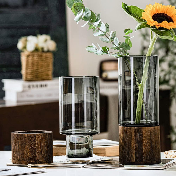 Glas Blumenvase Modern Zylinder Vase Handgefertigte kristallklare Glasvase mit Holzsockel Blumenblum