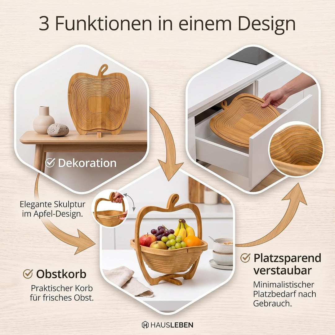 hausleben Obstkorb aus Bambus 3-in-1 Faltkorb – Obstschale, Gemüseschale &amp; Topfuntersetzer – Klappba