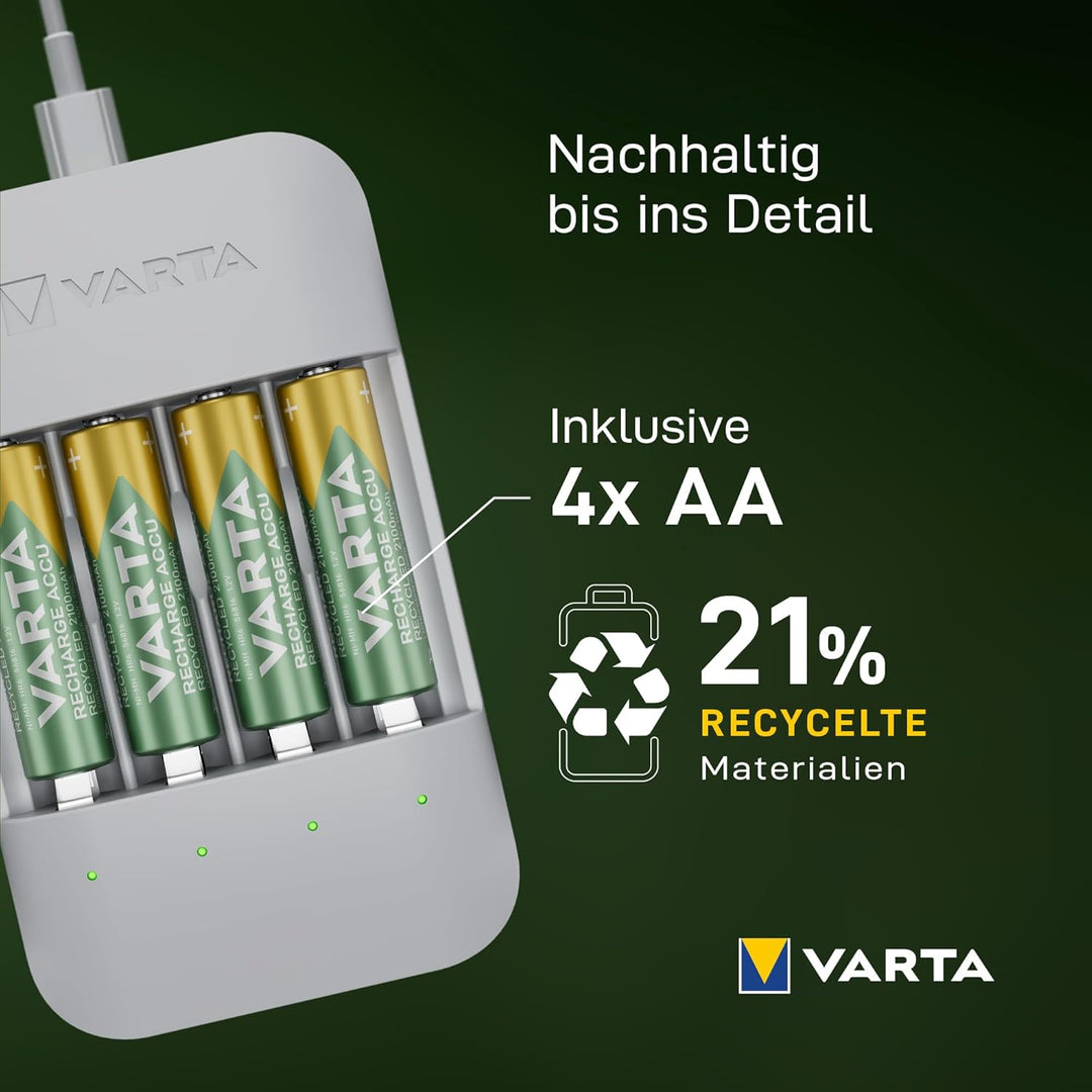 VARTA Akku Ladegerät, inkl. 4x AA 2100mAh, Batterieladegerät für wiederaufladbare AA/AAA Batterien,
