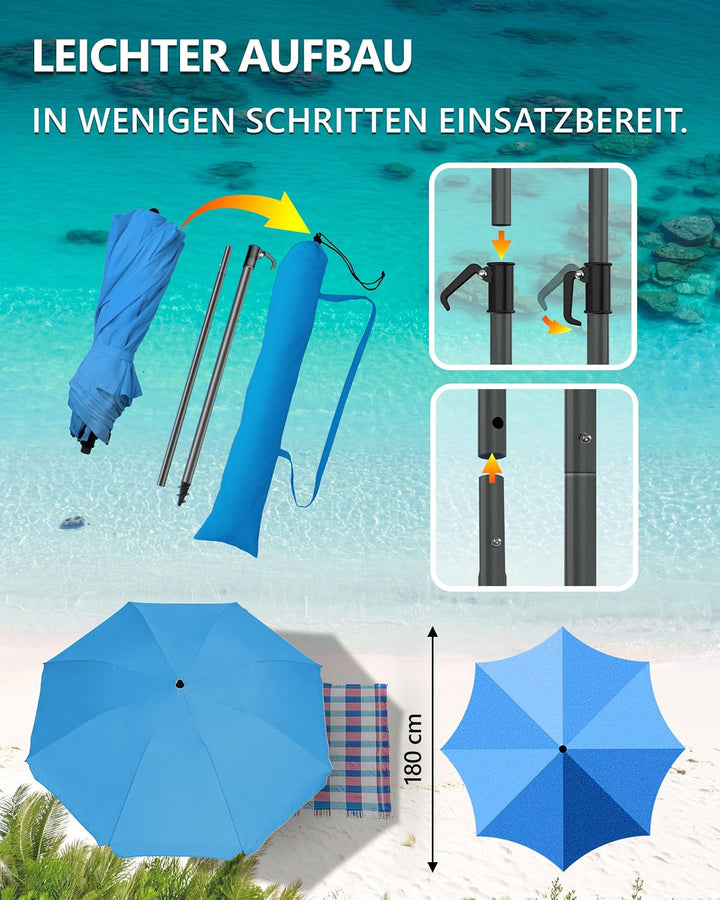 4smile Sonnenschirm Strand Ø 180 cm mit Eindrehbodenhülse, Blau | Strandschirm windfest stabil mit E
