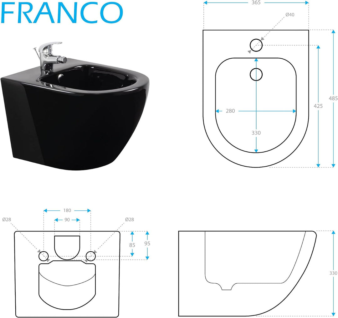 i-flair Wand-Hänge Bidet Franco mit Mischbatterie und Wandbefestigung - Schwarz, Schwarz