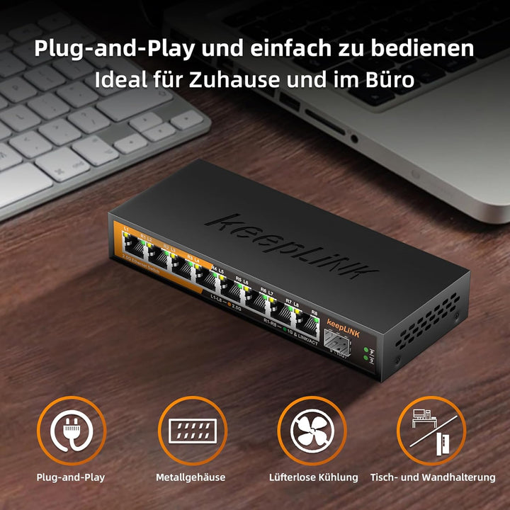 keepLiNK 8 Port 2,5-Gigabit LAN Switch mit 1 x 10G SFP Slot, 60Gbps Switching Capacity, Unmanaged, P