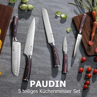 PAUDIN Küchenmesser Set, 5-teilig Küchenmesserset aus hochwertigem Carbon Edelstahl, Ultra Scharfes