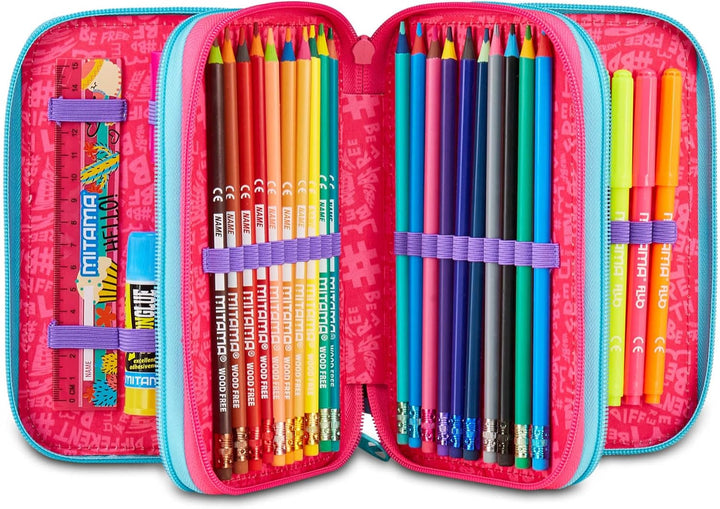 Mitama Federmäppchen für die Schule mit 3 Fächern, Super Triple Rainbow Love, Inhalt 47 Stück, kompl