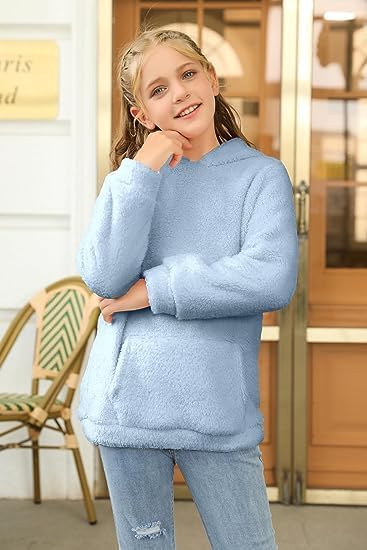 Runcati Pullover Mädchen Kapuzenpullover Fuzzy Teddy Fleece Sweatshirts mit Kapuze Taschen Freizeit