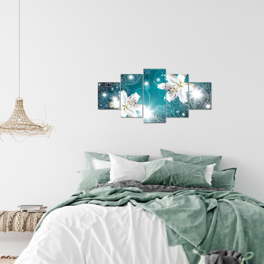 Runa Art Wandbilder Blumen Lilien 5 Teilig Bild auf Vlies Leinwand Deko Wohnzimmer Abstrakt Türkis 0