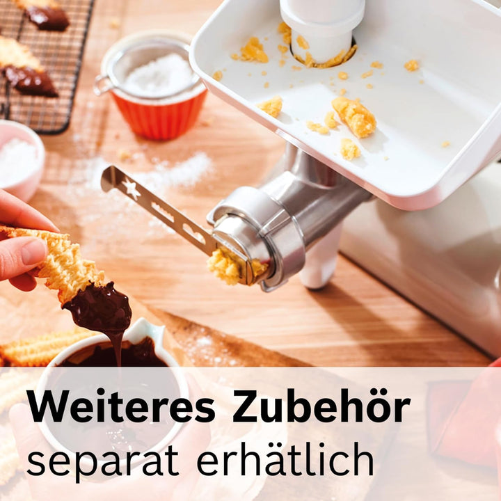 Bosch Fleischwolf MUZ5FW1, Fleischwolf-Aufsatz, Stopfer, Edelstahl Loch-Scheibe 4,5 mm, auch für Fis