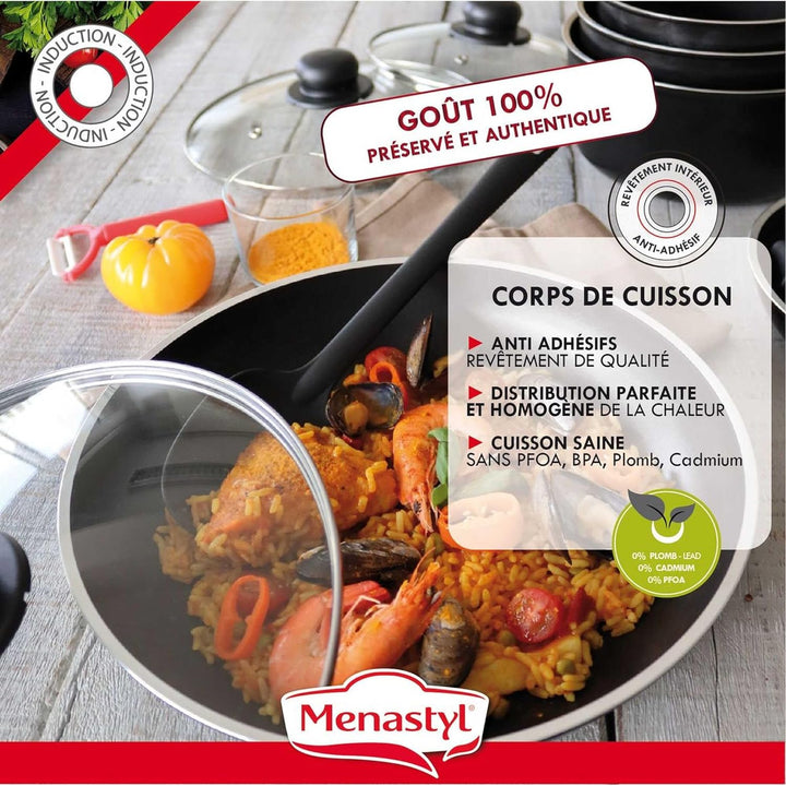 MENASTYL - Iris 6020437 Set mit 5 Töpfen aus schwarzem Aluminium, Induktion, 2 Stieltöpfe 16/18 cm +