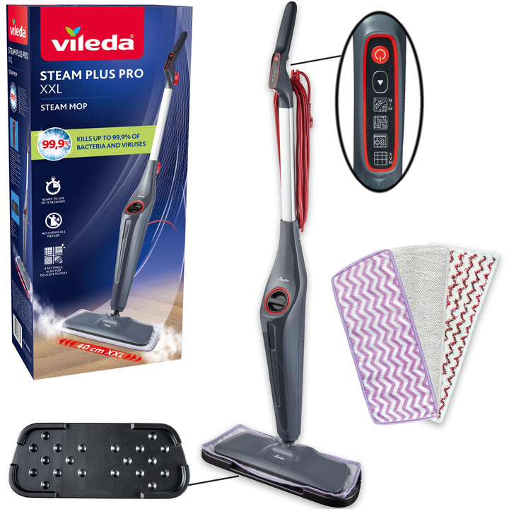 Vileda Steam Plus Pro XXL Dampfreiniger, 4 Dampfstufen, Grau/Rot, Steam Plus Pro XXL