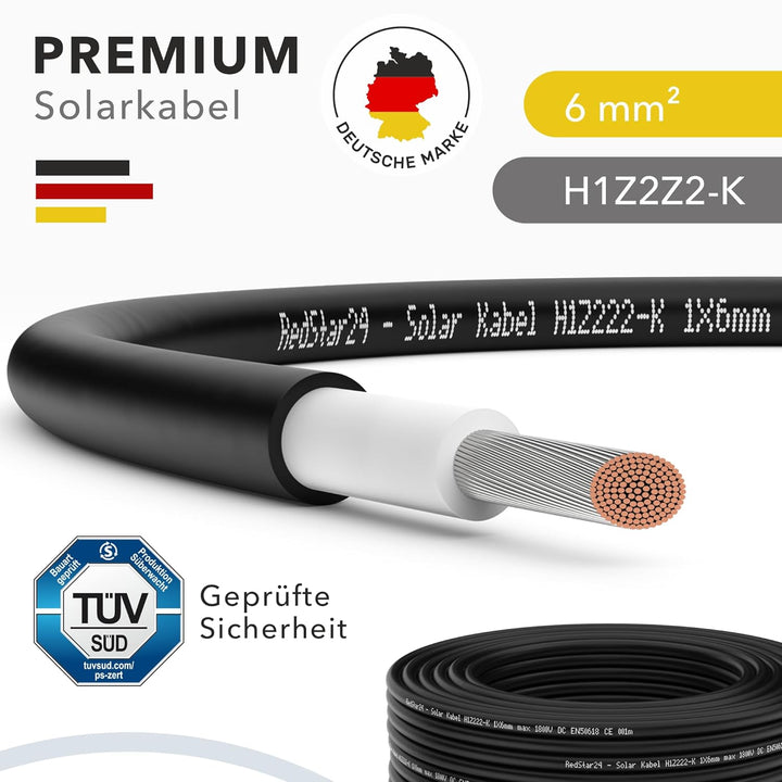 RedStar24 Solarkabel 6mm² Schwarz - 100m - TÜV-zertifiziert - UV-beständig, flexibel, Photovoltaik ,