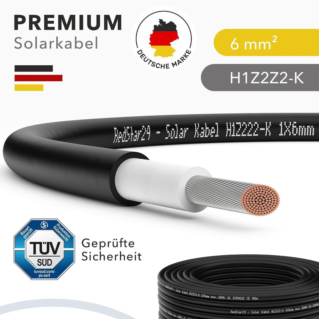 RedStar24 Premium Solarkabel 6mm² Schwarz - 20m - TÜV-zertifiziert - UV-beständig, flexibel, Photovo