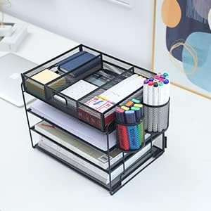 Marbrasse Schreibtisch Organizer,4-stöckig Papier Briefablage Organizer mit Schublade,2 Stifthalter,