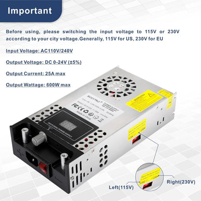 BOSYTRO Regelbares Netzteil 0-24V 25A 600W Schaltnetzteil Transformator Power Supply Trafo 230v auf