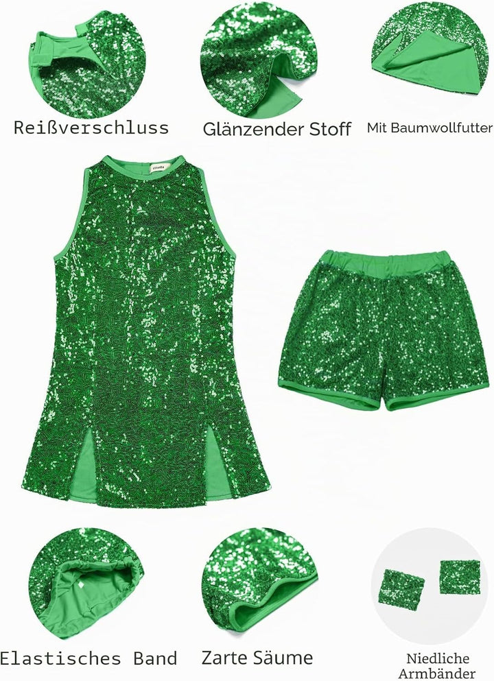 LOLANTA Mädchen Pailletten-Kostüm Hip Hop Dancewear Funkelndes Tanzkleid Gesetzt 8-9 Jahre Grün, 8-9